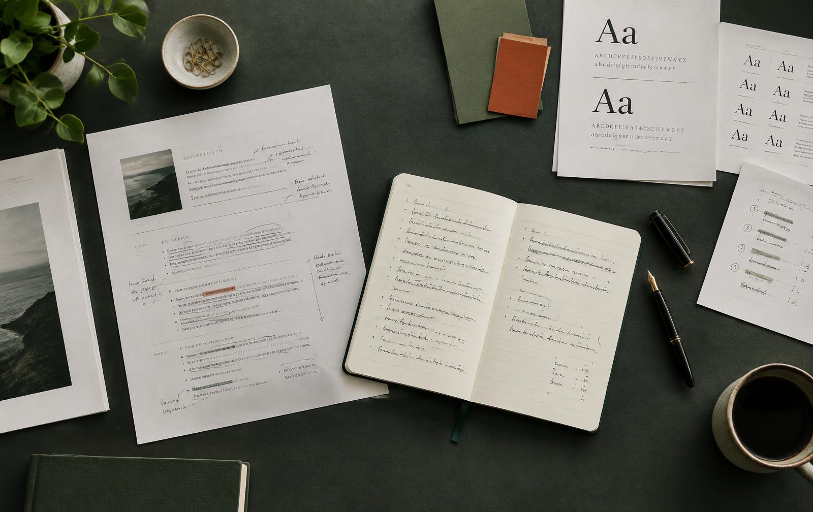 A writer's desk with an open notebook and marked-up creative briefs
